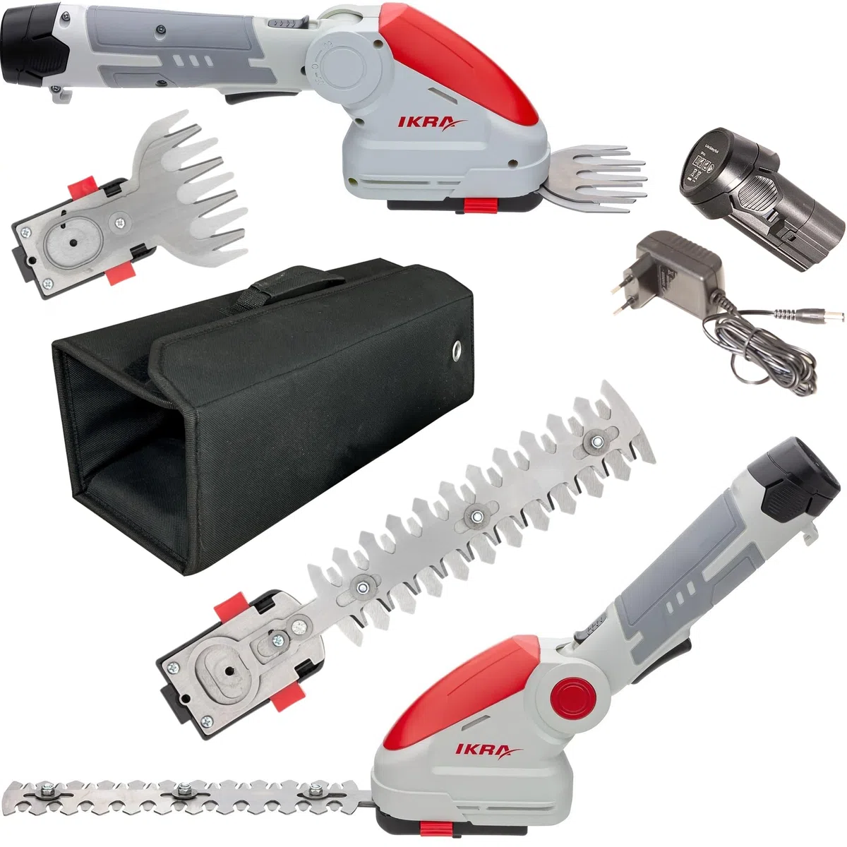 IKRA Akku Grasschere & Strauchschere IGBS 1210 2in1, inkl. Tasche | Inkl. Akku 12V & Ladegerät, 7-fach winkelverstellbarer Griff, Messer Made in Germany, kompatibel mit IKRA 12V Akku-Familie