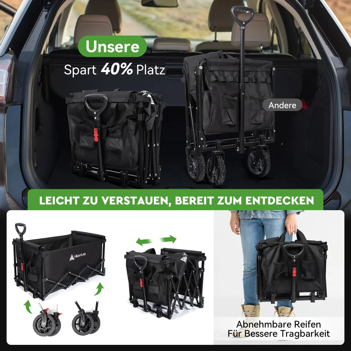 HIKENTURE Bollerwagen Faltbar mit Bremen - 140 Liter Volumen & 150KG belastbar - Extrem Faltbarer Bollerwagen - Klappbarer Handwagen Einkaufstrolley für Strand Camping Einkauf