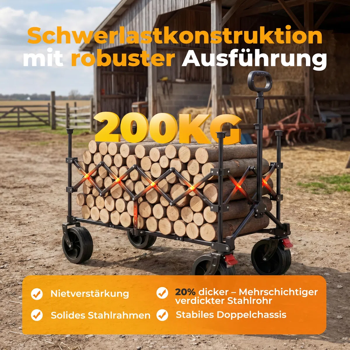 Bollerwagen Faltbar 200L 200KG Belastbar, Strandwagen Klappbar mit Regenschutz, Reflektorstreifen, Bremsen; Breite Reifen All Terrain Faltbarer Strandwagen Für Camping, Strand, Outdoor