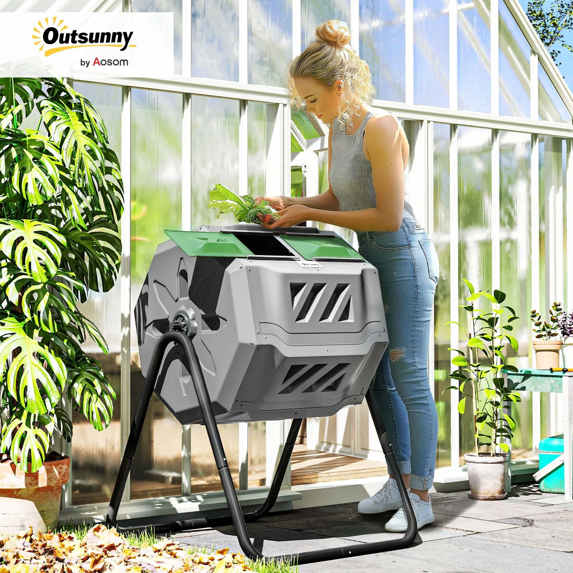 Outsunny Komposter 160L, 71 x 64 x 96cm Drehbarer Schnellkomposter aus Kunststoff, Thermokomposter mit 2 Kammer, für Bio- und Garten-Abfälle, Grau