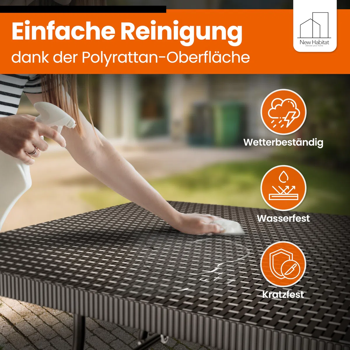 NewHabitat Buffettisch klappbar – Gartentisch klappbar aus Polyrattan I Biertisch wetterfest & faltbar I Stabiler Klapptisch für Garten, Festivals, Camping & Outdoor-Events (Schwarz)
