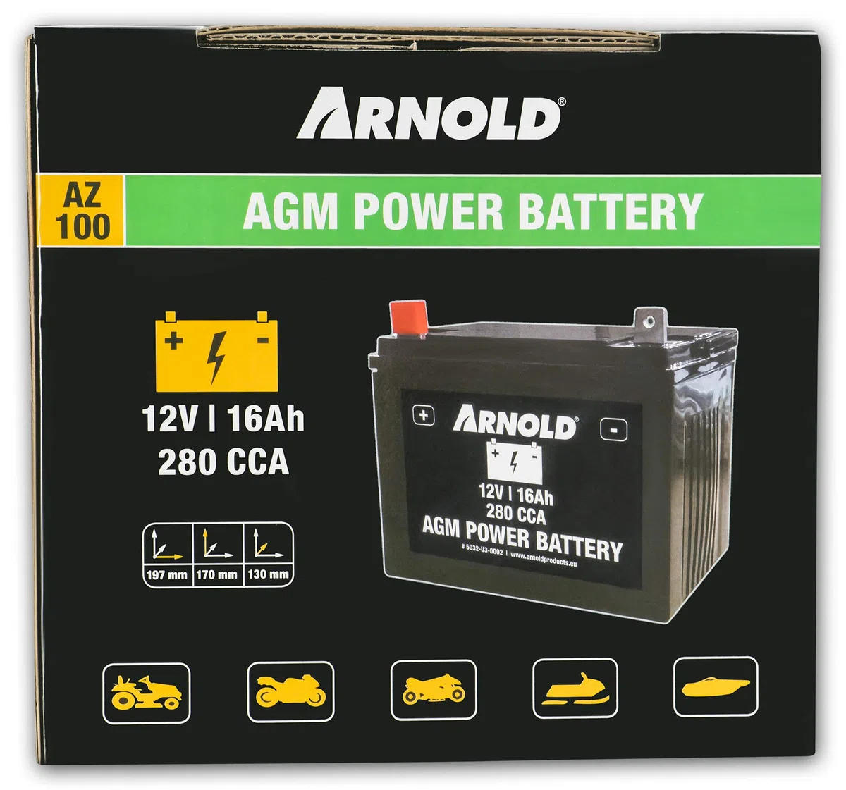 ARNOLD AGM Starterbatterie 12V 16Ah, 280 CCA für Rasentraktoren 5032-U3-0002, 12 V, schwarz