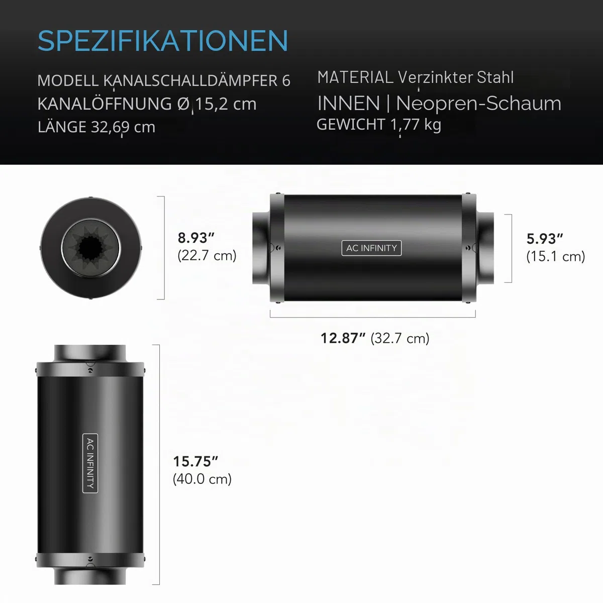 AC Infinity Rohrschalldämpfer 150 mm – für Inline-Lüfter und Lüftungssysteme in Growzelten und Hydrokultur-Anlagen