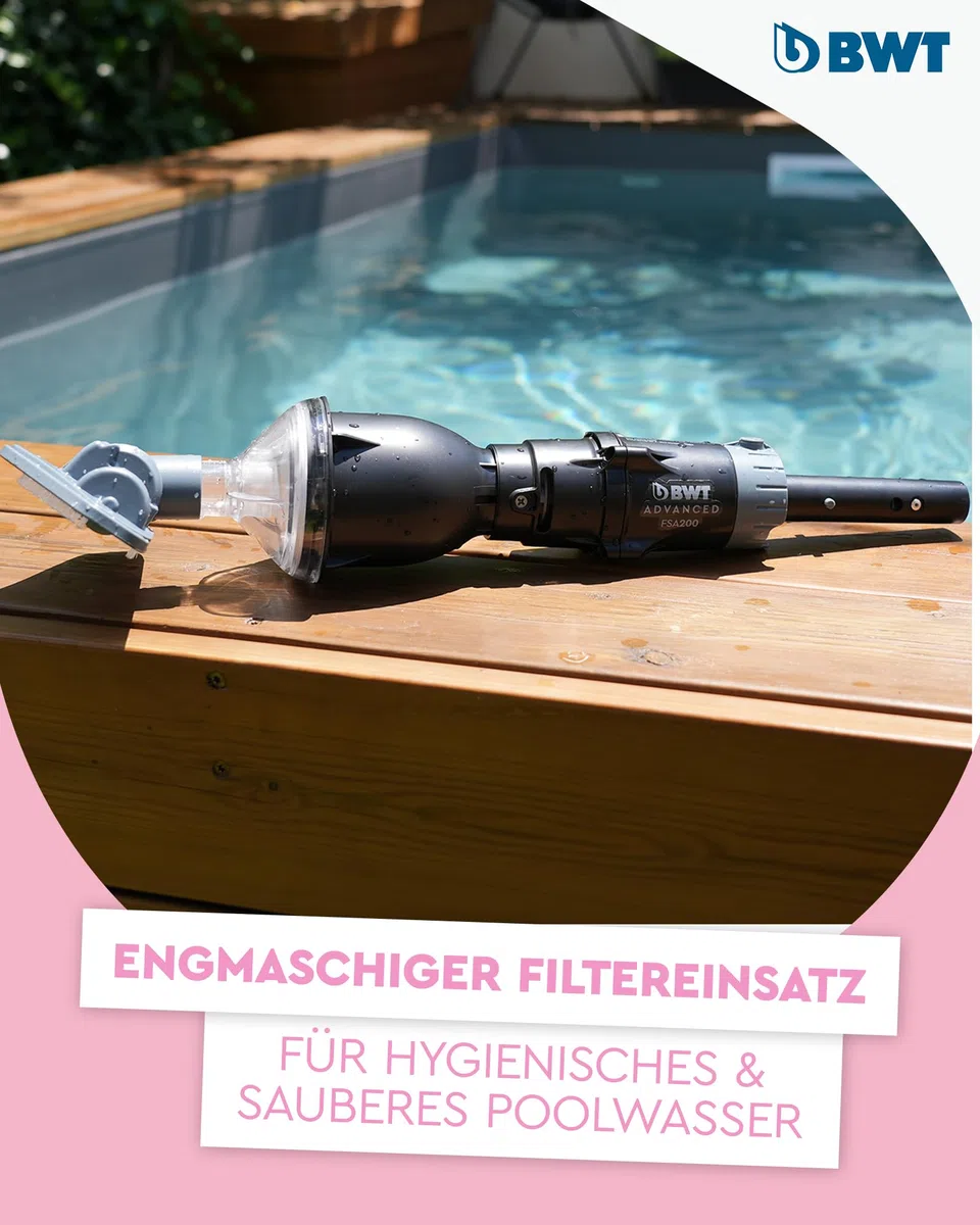 BWT Poolsauger Akku (FSA200, mit Standard-Poolstange) | Effiziente Reinigung von Pools | Kabelloser Betrieb | Poolroboter | Pool Zubehör | Poolreiniger mit Flachbürstenaufsatz | Pool Bodensauger