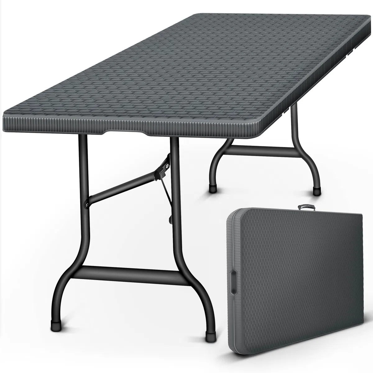 tillvex Gartentisch klappbar Rattan Optik 180x75cm | Buffettisch mit Tragegriff | Klapptisch für Garten Terrasse und Balkon | Campingtisch 6 Personen (Anthrazit)