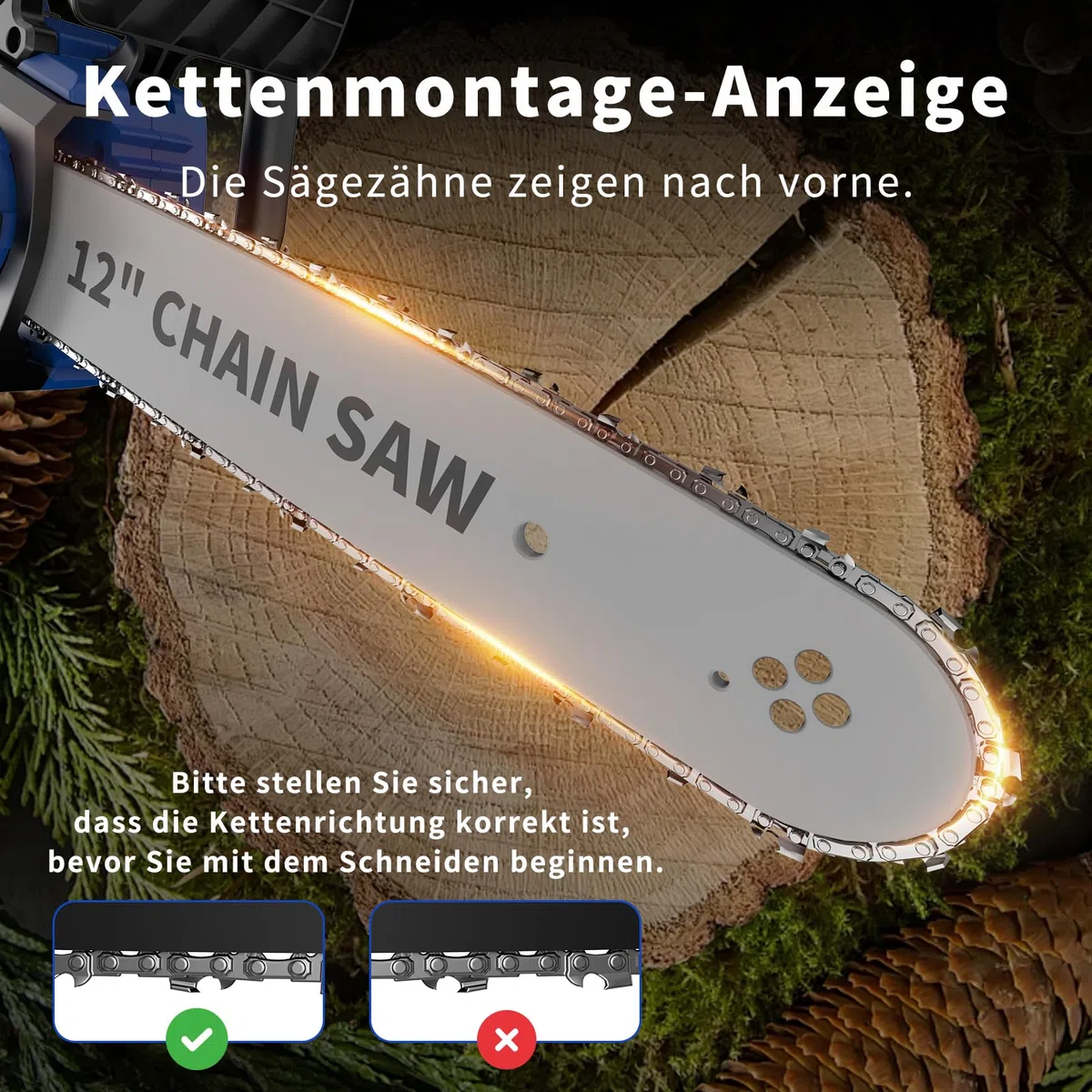 NANWEI Akku Kettensäge 12 Zoll mit 2x 4.0Ah Akku, kabellose Elektrosäge, ausgestattet mit einer Bremsklappe, bürstenlosem Motor (Mit 2 Batterie)