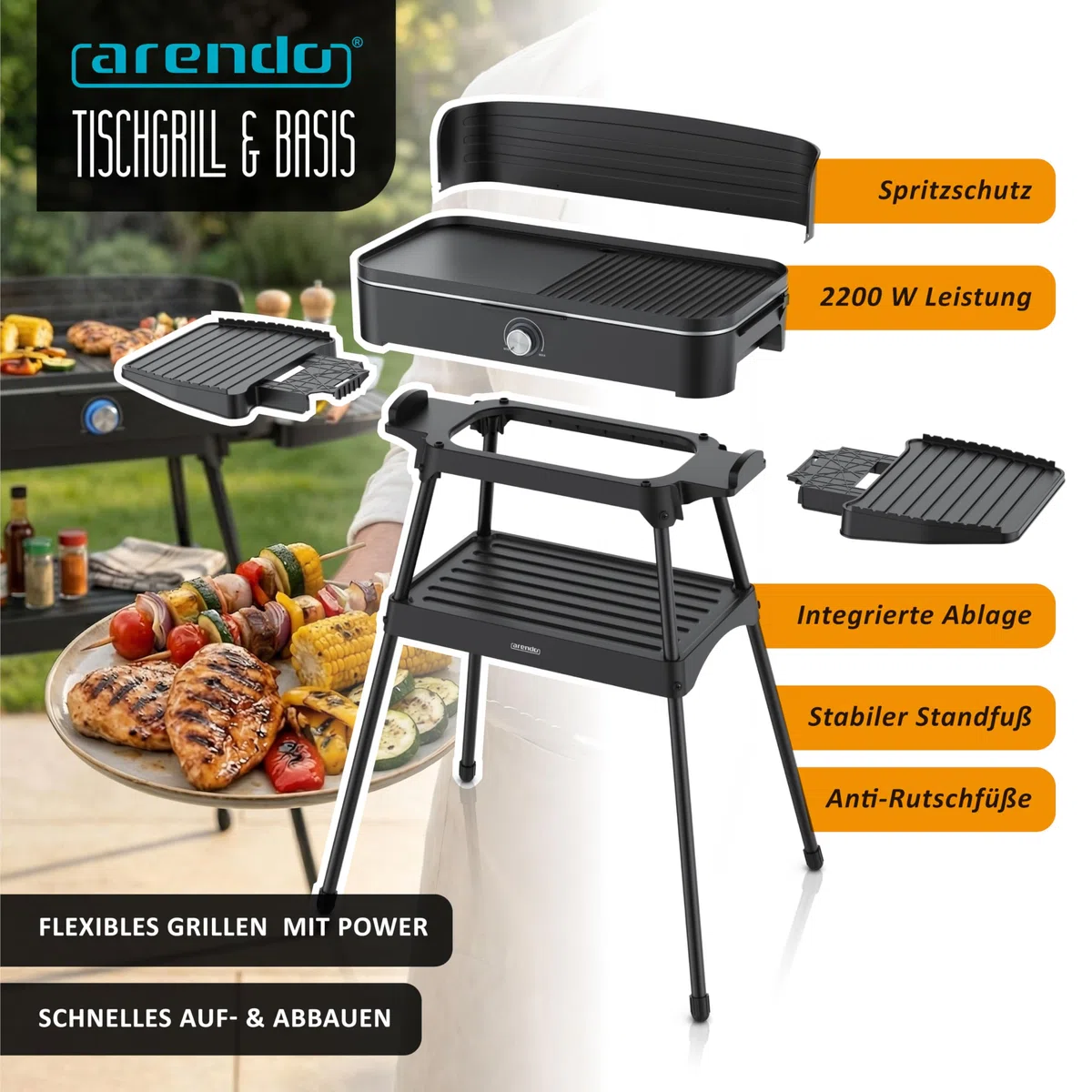 Arendo - Tischgrill Edelstahl, Elektrogrill mit Thermostat, Barbecue Standgrill 2200W, Electric Grill Geteilte Garflächen, Antihaft-Beschichtung, Standfuß mit Ablage, Spritzschutz, Für Balkon Terrasse