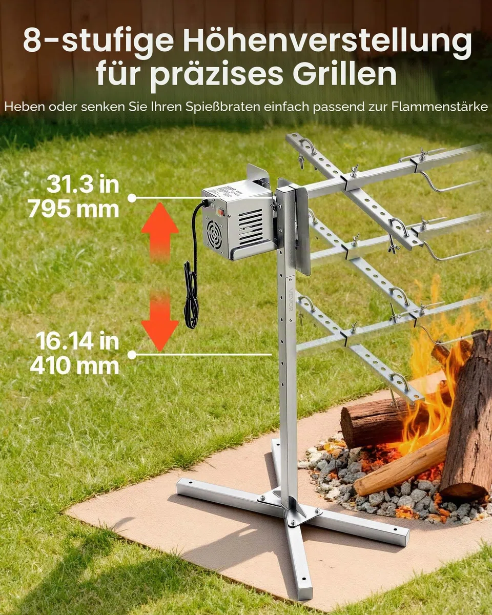 VEVOR Spanferkelgrill Lammgrill Spießbratengrill 1321 mm Rotisserie-Grill AC 220-240 V, 8-stufiges elektrisches Rotisserie-Grill-Set mit 40 kg Tragkraft, 38 W Motor Grillset für Partys