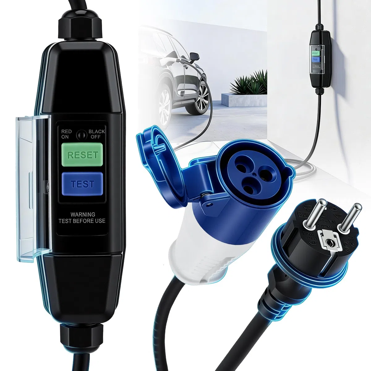 Adapterkabel 150 cm Schuko auf CEE mit Integriertem FI-Schutzschalter – CEE Verlängerungskabel, Starkstrom Verlängerungskabel, Camping Stromkabel & CEE Kabel mit FI Steckdose für Wohnmobil – IP44/IP55