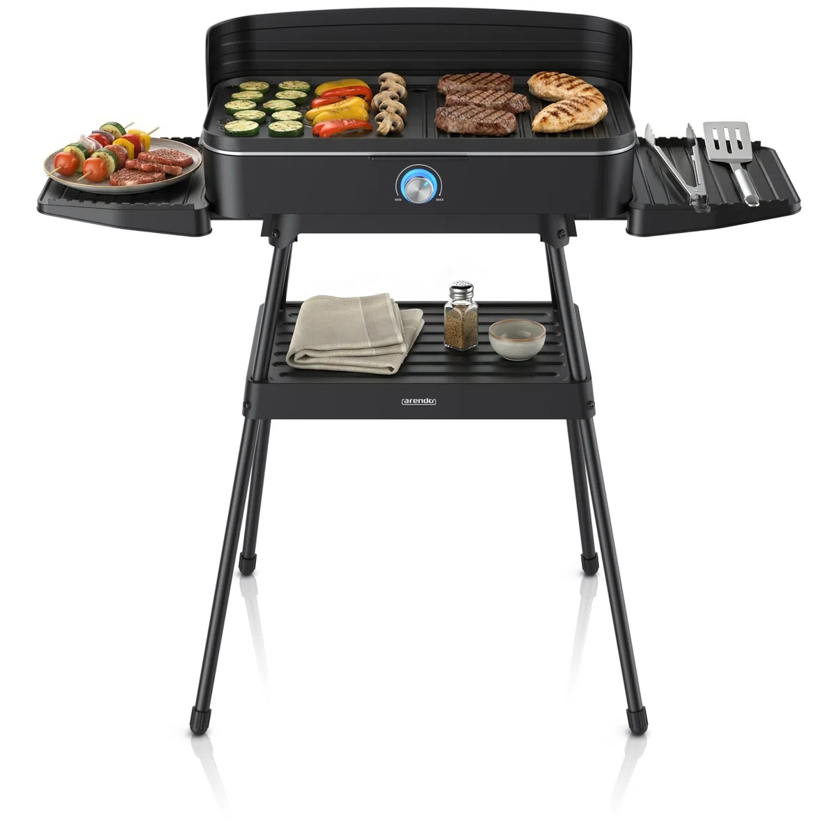 Arendo - Tischgrill Edelstahl, Elektrogrill mit Thermostat, Barbecue Standgrill 2200W, Electric Grill Geteilte Garflächen, Antihaft-Beschichtung, Standfuß mit Ablage, Spritzschutz, Für Balkon Terrasse