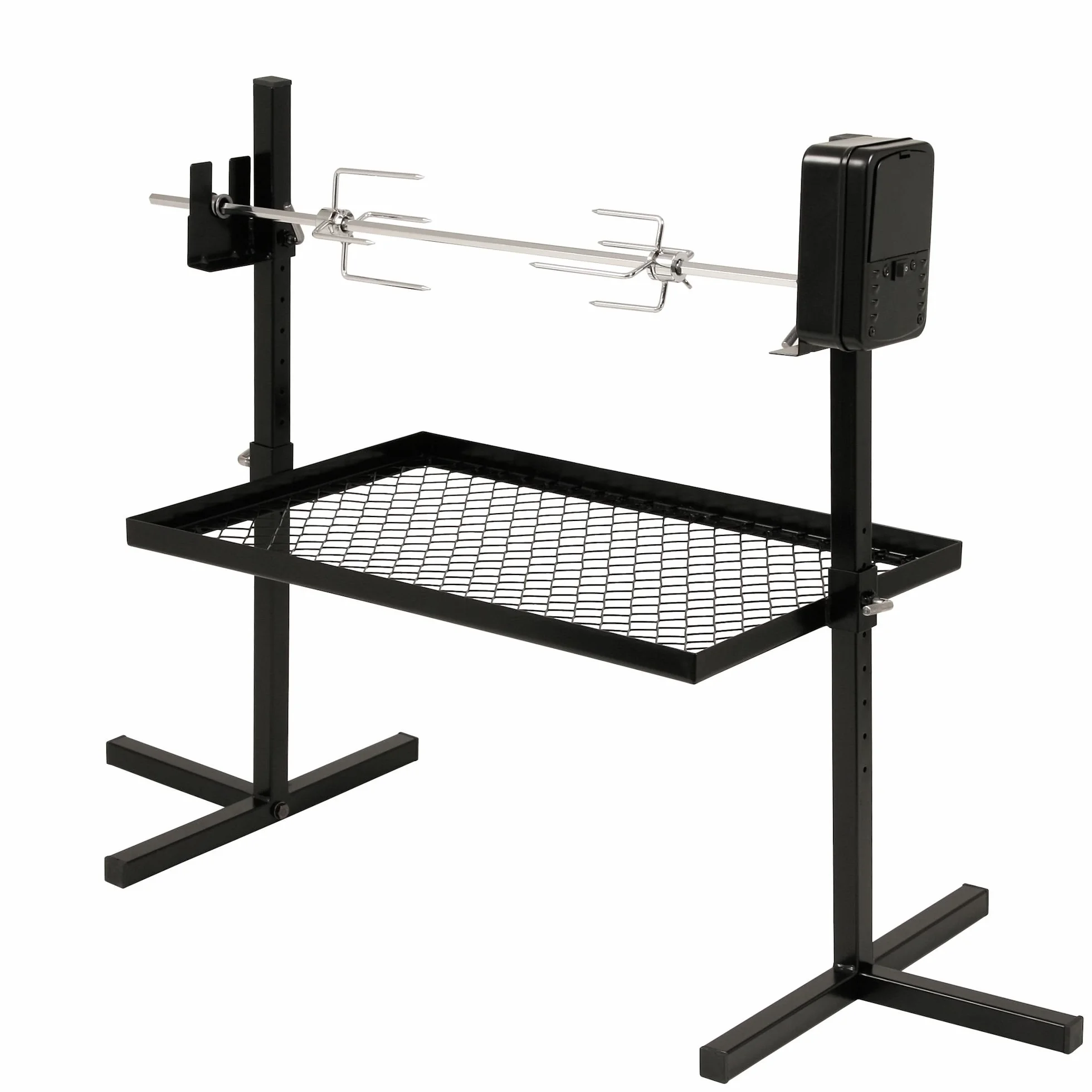 BBQ-Toro Grillspieß Set 70 cm | Drehspieß für Camping Ausflug, Trip, Lagerfeuer | 2 Fleischnadeln, Motor (Batterie), Untergestell mit Kohlerost | Grillzubehör