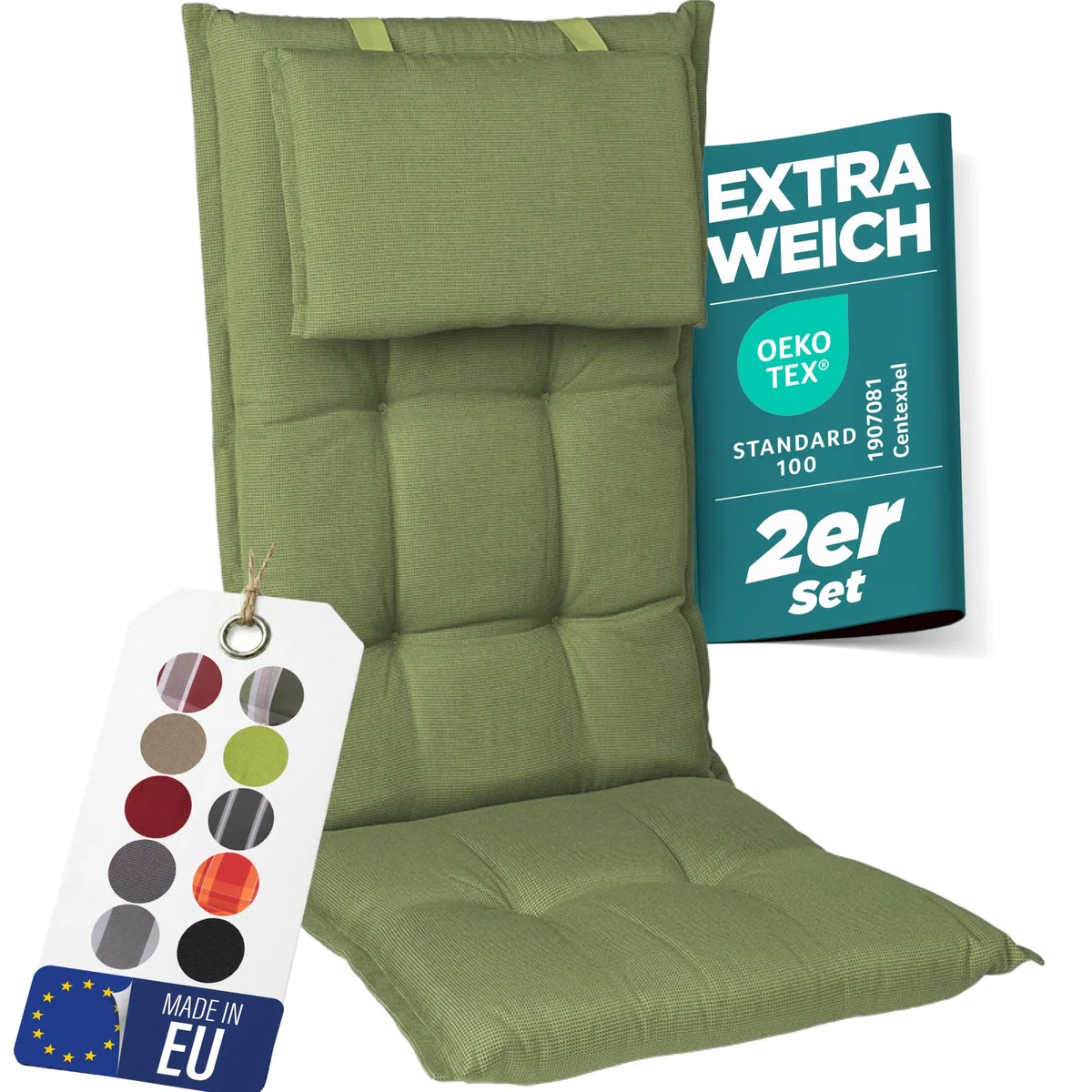 Gartenstuhlauflagen Hochlehner mit Kopfteil I Extra Dicke Sitzauflagen I Made in EU I Polsterauflagen für Hochlehner I Auflagen mit extra hoher Lichtechtheit I 2er Set I Grün