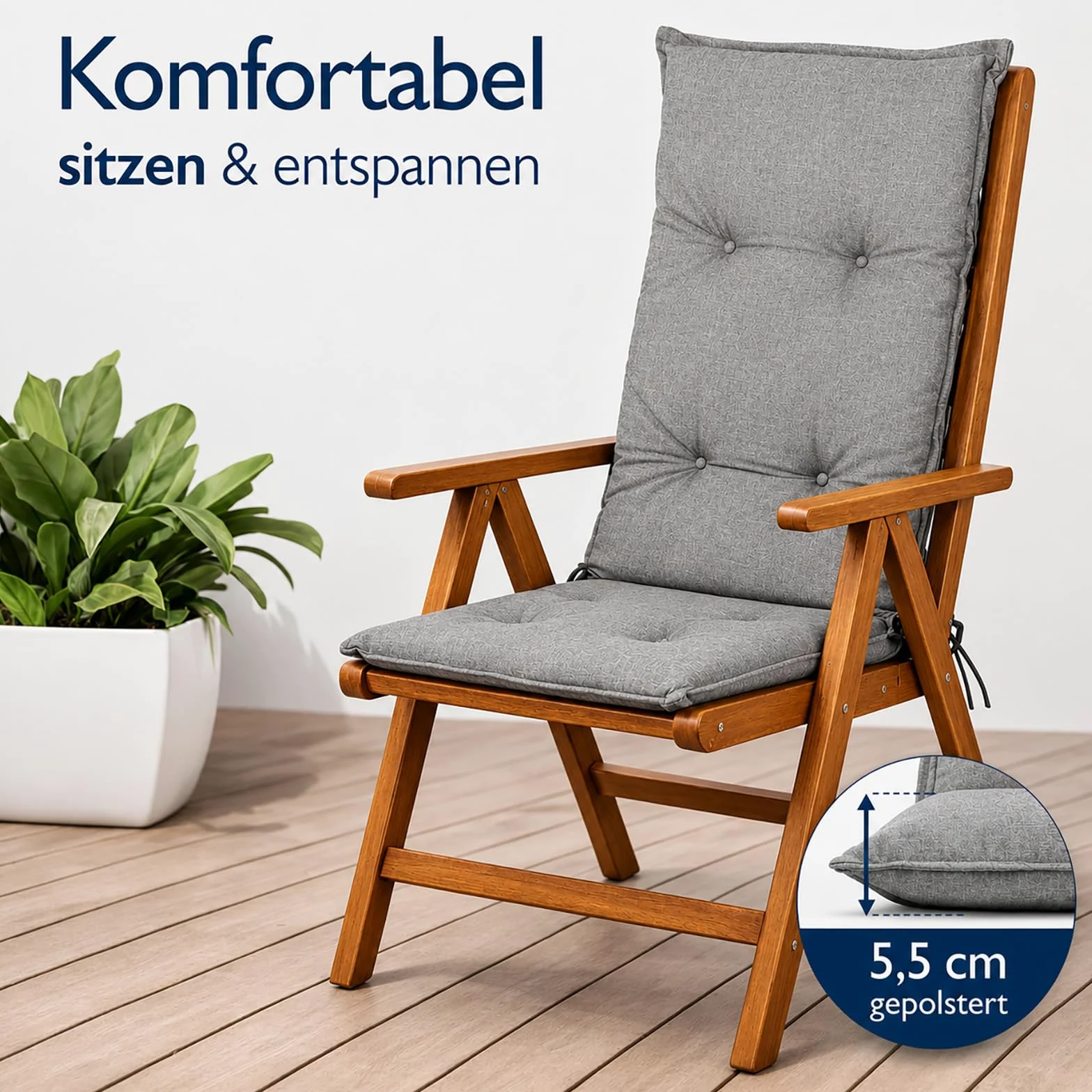 Hochlehner Auflagen 6er Set 120x50x5,5cm Anthrazit Grau Gartenstuhl Komfort | BURI Gartenstuhlauflage wetterfest mit Schaumkern, Vollvlies und Bindebändern für langlebigen Sitzkomfort im Außenbereich