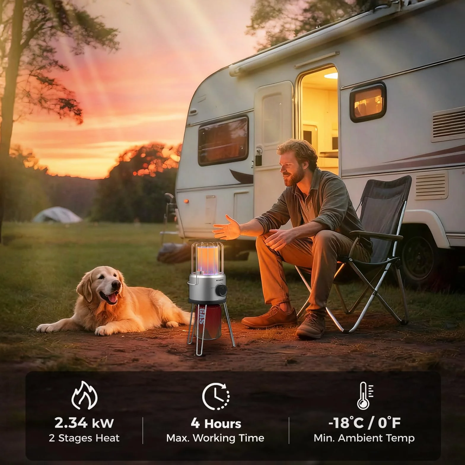 CAMPLUX Nano Tragbarer Gasheizer, 2,34 kW, 2 Stufen, 360° Outdoor-Heizung, 29 mbar Butan, ODS & Kippschutz, Ideal für Camping, Angeln & Garten, NanoAir 2