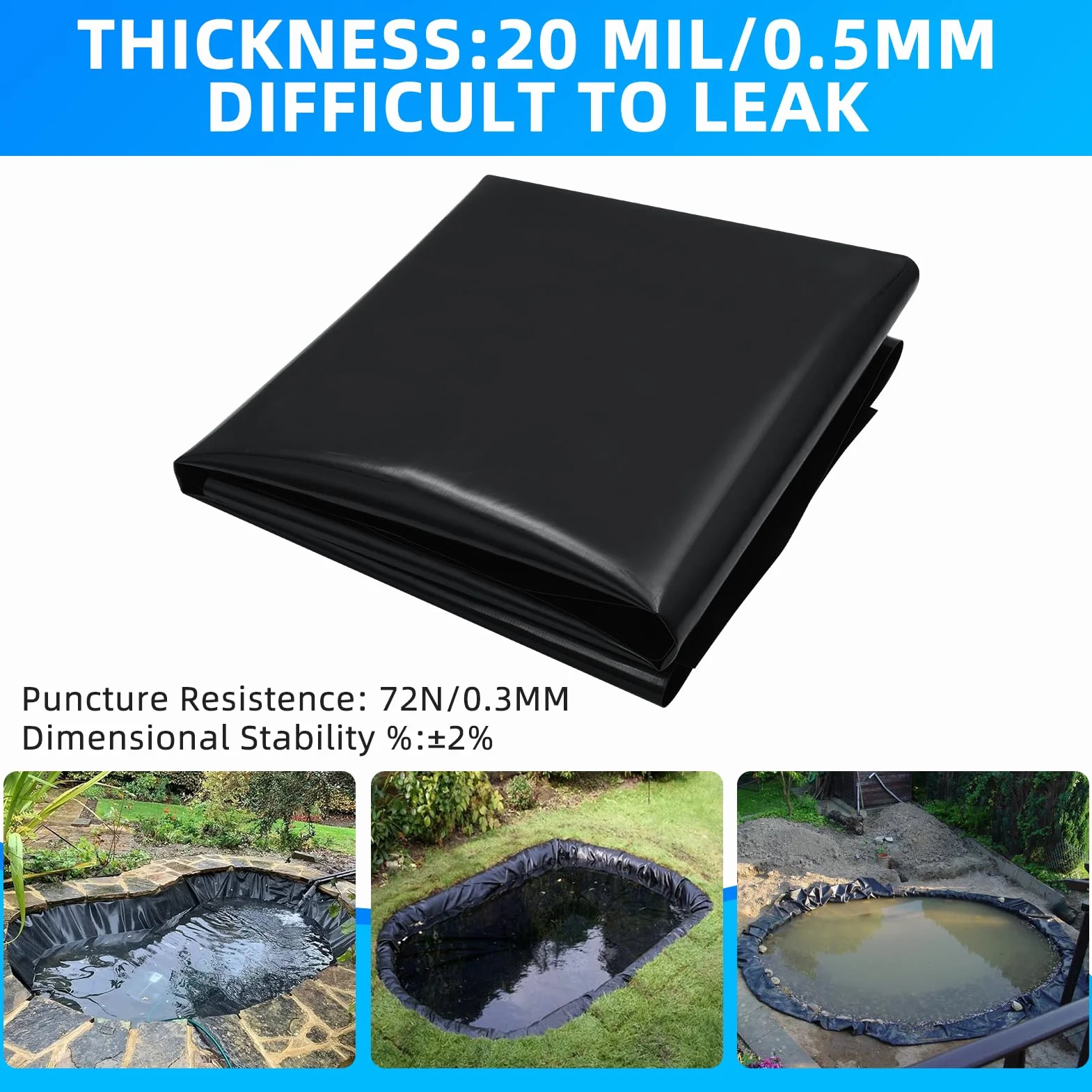 6m x 6m Teichfolie,Teichwanne Stärke 0.5mm,Schwarz HDPE Teichfolien Schwerlast,Dichtungsfolie Teichmembran Schwimmteich Folie,Flexibel Teichfolien für Fischteiche, Brunnen, Wassergarten, Wasserfall