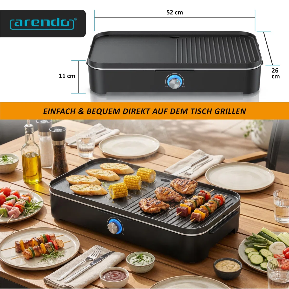 Arendo - Tischgrill Edelstahl, Elektrogrill mit Thermostat, Barbecue Standgrill 2200W, Electric Grill Geteilte Garflächen, Antihaft-Beschichtung, Standfuß mit Ablage, Spritzschutz, Für Balkon Terrasse