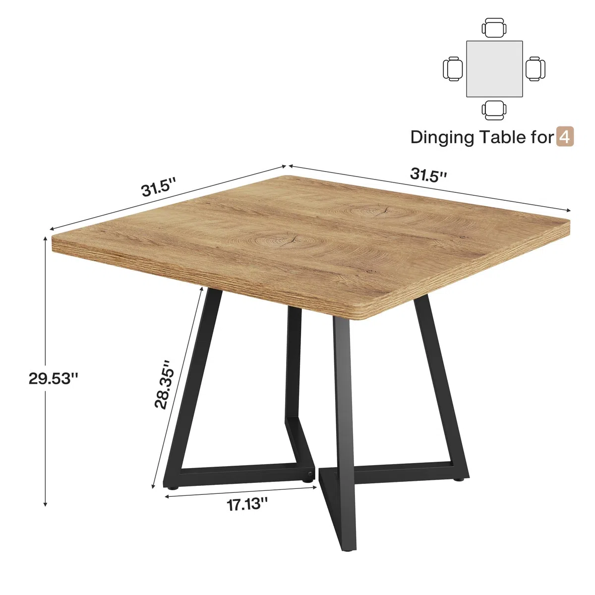 Tribesigns Esstisch, esstisch klein, Küchentisch esszimmertisch 80x80 cm, für 4 Personen, Metallfuß Industriestil, Natur & Schwarz