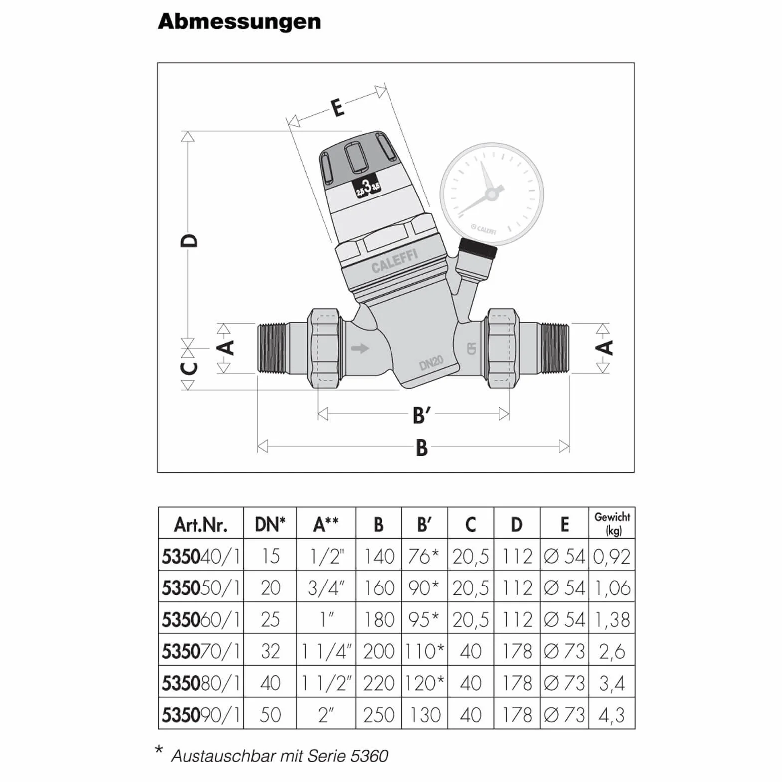 Caleffi Wasserdruckminderer 1/2 Zoll DN15 Druckminderer für Wasser mit Austauschbarer Kartusche und Manometer, Druckminderungsventil, Druckregler 535041, mehrfarbig