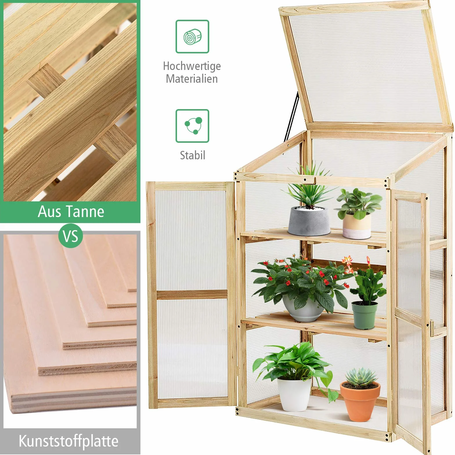 GOPLUS Frühbeet, Frühbeetkasten mit Abdeckung, Gewächshaus aus Tannenholz & Polycarbonat, Hochbeet Treibhaus für Garten & Balkon, 60 x 45 x 100 cm