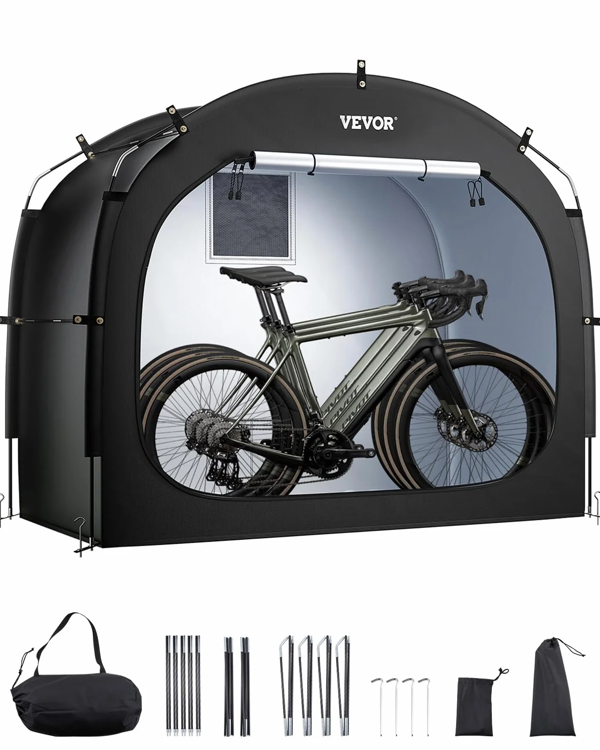 VEVOR Fahrradzelt, 3 bis 4 Fahrräder, geräumige Fahhrradgarage mit belüftetem Fenster, einfach zu installierende Fahrradschuppe mit hochfestem Fiberglas & Doppelreißverschlüssen, 203x122x169 cm