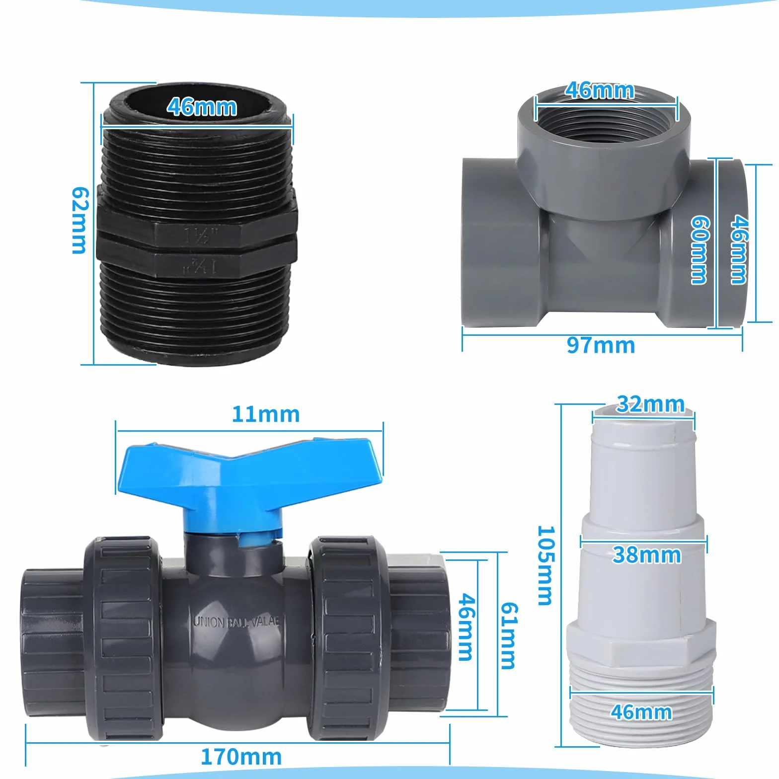 SWAWIS Pool Bypass Set 32/38mm Wärmepumpe Pool Bypass Poolheizung Wärmepumpe Solar Heizung PVC Rohr Kugelhahn DN50, Präzise Regulierung des Wasserdurchflusses