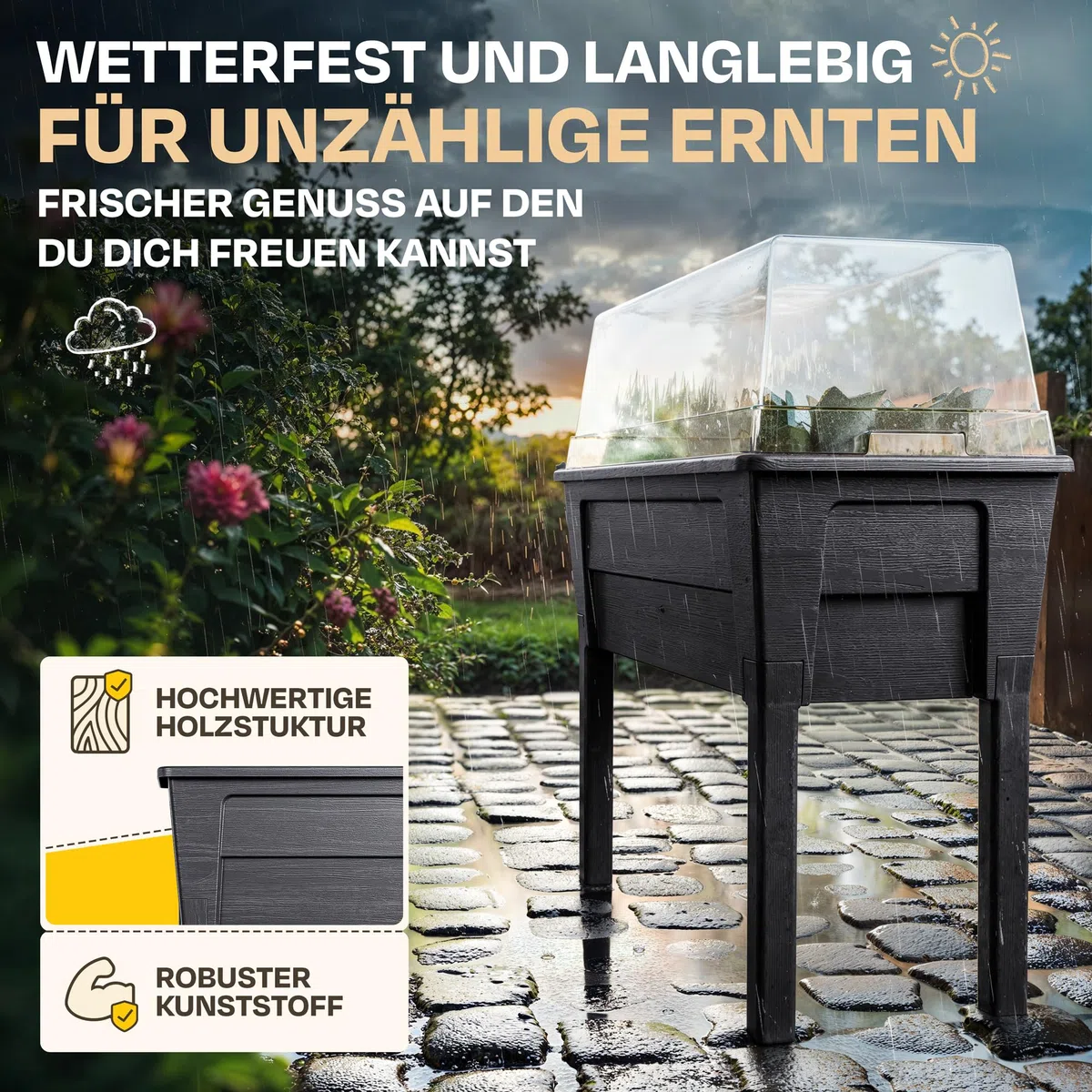 Ondis24 Garten Hochbeet Blumenkübel Victoria für Balkon, Pflanzkasten mit Gewächshaus, Volumen 50 L, Wasserspeicher, Tröpfchenbewässerung, abnehmbare Füße, Outdoor geeignet (2, Anthrazit)