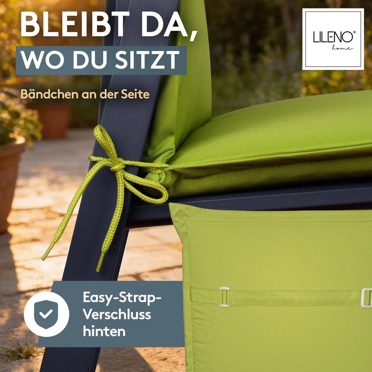 LILENO HOME Gartenstuhl Auflagen [4er Set - Hochlehner] in Apfelgrün - Bequeme Liegen als Sitzauflagen für Gartenmöbel - Stuhlkissen für Gartenstühle und Klappstühle MIA