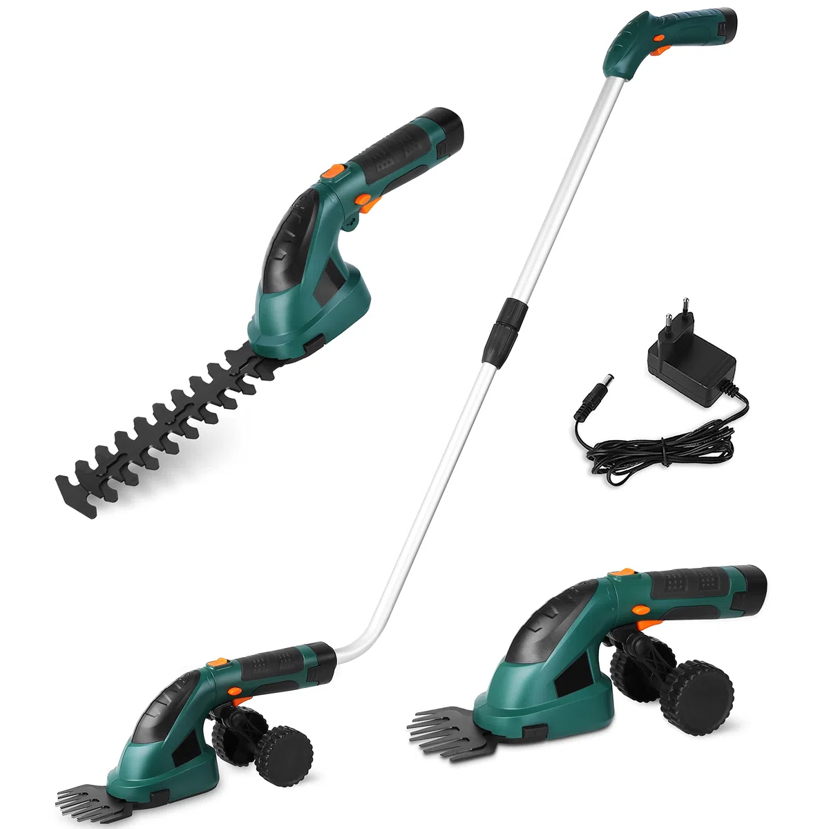 Akku-Grasschere 7,2V 2000mAh 2-in-1 Rasenschere Heckenschere mit Teleskopstiel Akku und Ladegerät Strauchtrimmer handliche Grasscheren mit 2 Verschiedene Messer