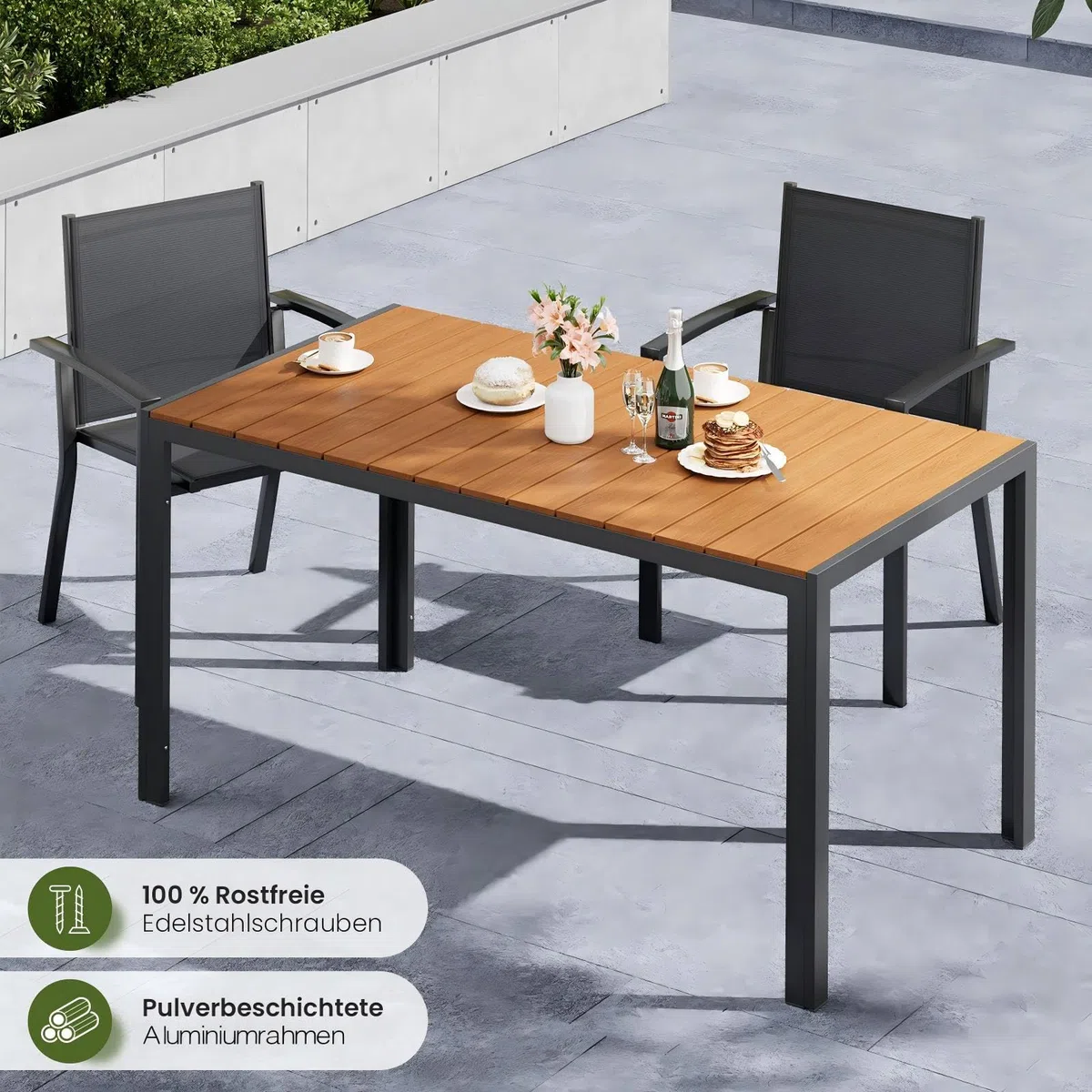 UDPATIO Gartentisch Wetterfest mit Aluminiumrahmen, 148 x 80 x 74 cm Outdoor WPC Tisch Holzmaserung-Finish, Balkontisch für 4-6 Personen,Garten,Terrasse,Teakbraun+Dunkelgrau