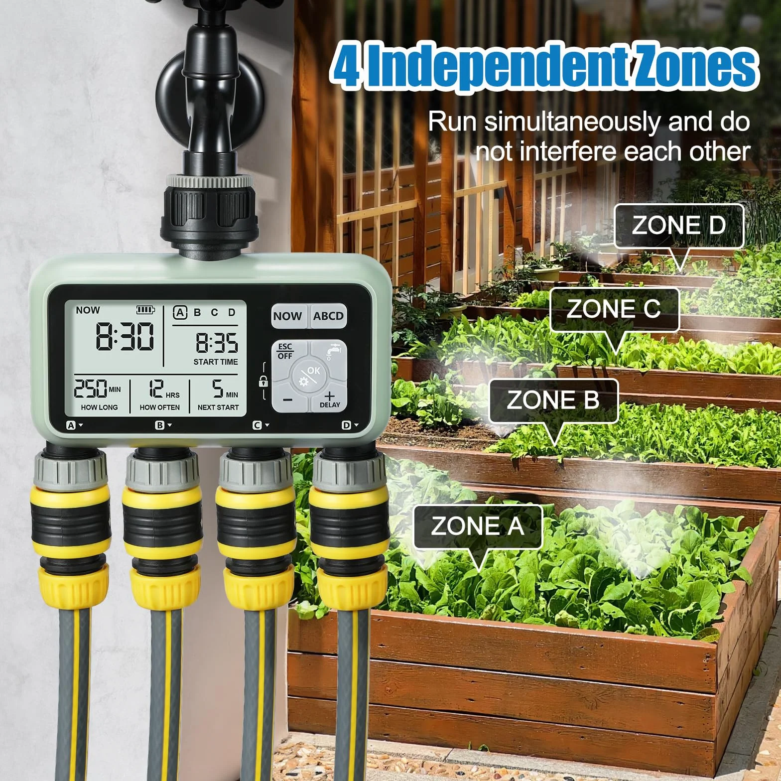 CROSOFMI Bewässerungscomputer 4 Ausgänge Garten Wasser Zeitschaltuhr Automatische Bewässerung/LCD-Bildschirm/Einfache Bedienung/Kindersicherung/Verzögerung bei starkem Regen/Manuelle Bewässerung